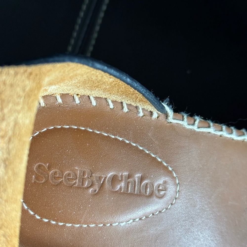See By Chloe Black Leather Espadrille Wedge Sandal with Gold Buckle - Picture 7 of 8
